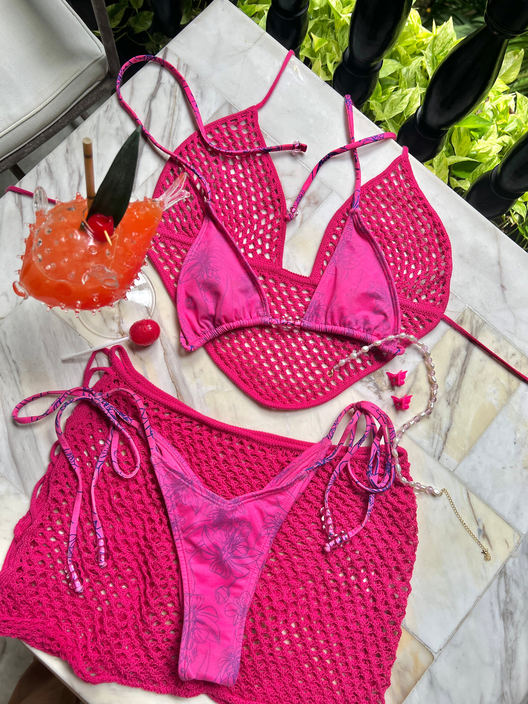 Karla V-Kini Top in Rosa Azul (Bead Trim)-Karla V-Kini Top in Rosa Azul (Bead Trim)